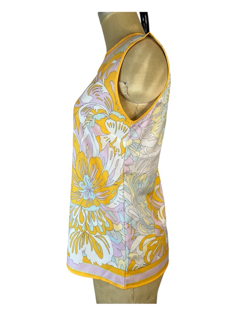 Sleeveless Silk Retro Floral Print Camisole in Yellow and Pastels - Picture 2 of 6